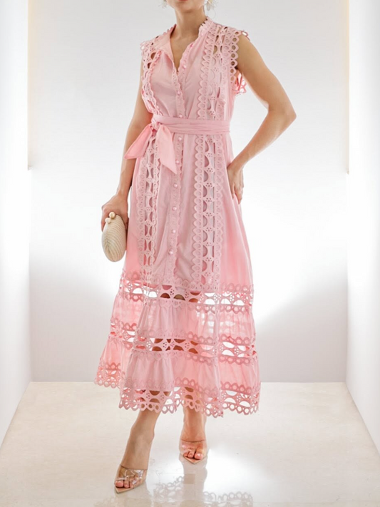 Pink Elegant Lace Cut-out Midi Dress