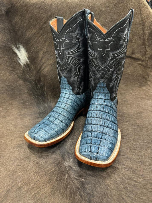 Blue Wide Toe Crocodile Leather Cowboy Boots