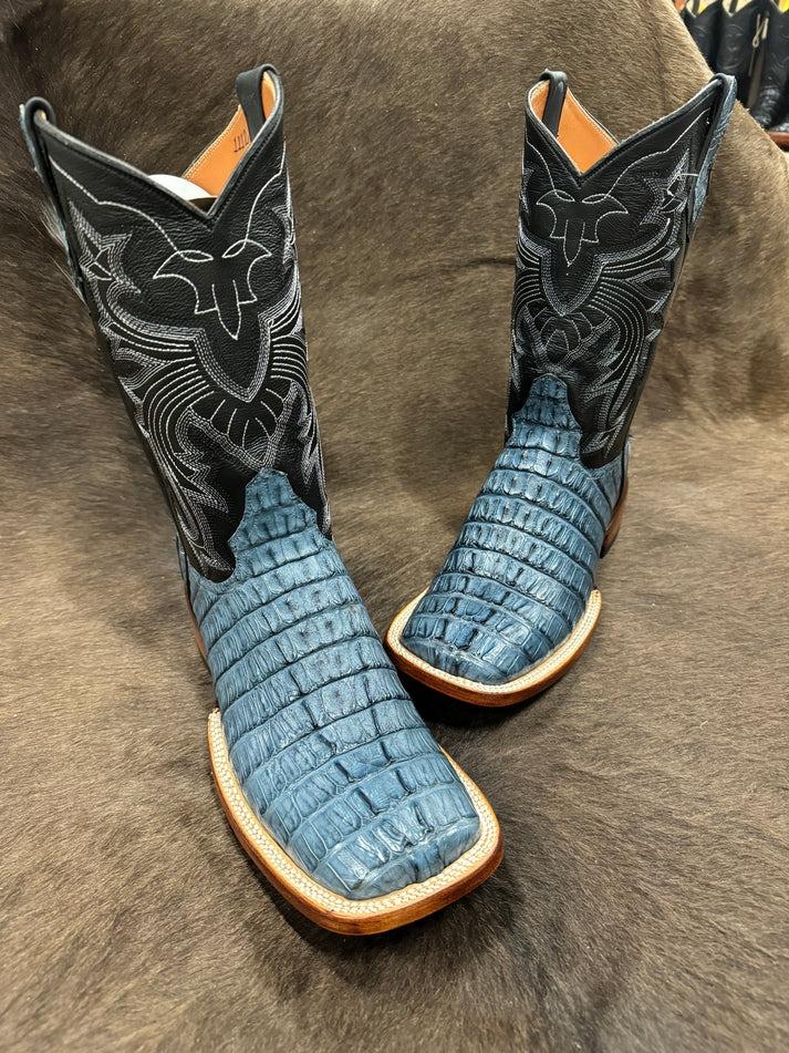 Blue Wide Toe Crocodile Leather Cowboy Boots