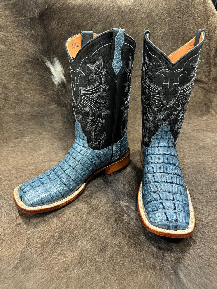 Blue Wide Toe Crocodile Leather Cowboy Boots