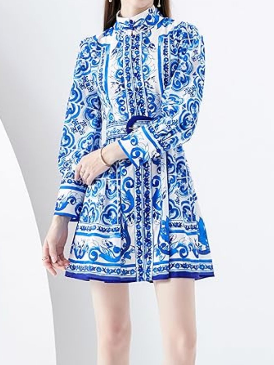 Floral Print Button Up Lantern Sleeve Dress In Blue